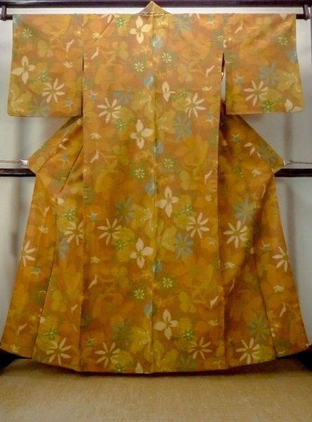 Photo1: M1018H Vintage Japanese women   Orange HITOE unlined / Wool. Flower,   (Grade D) (1)