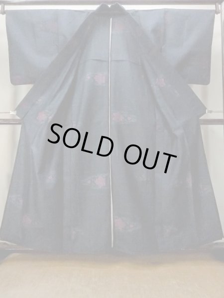 Photo2: M1018K Vintage Japanese women  Dark Navy Blue HITOE unlined / Wool. Chinese flower,   (Grade D) (2)