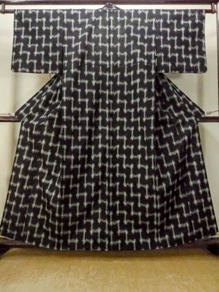 Photo1: M1018L Vintage Japanese women   Black HITOE unlined / Wool. Abstract pattern   (Grade C) (1)