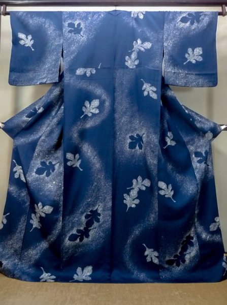 Photo1: M1018V Vintage Japanese women   Navy Blue HITOE unlined / Synthetic. Leaf,   (Grade B) (1)