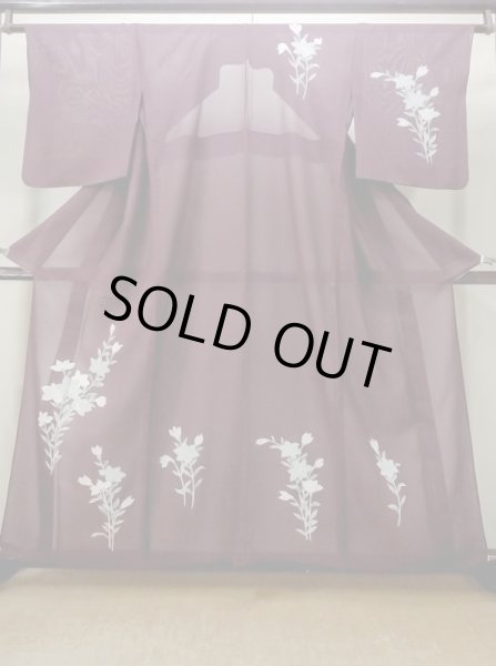 Photo1: M1018Y Vintage Japanese women Dark Reddish Purple Summer / Silk. KIKYO Japanese balloonflower   (Grade C) (1)