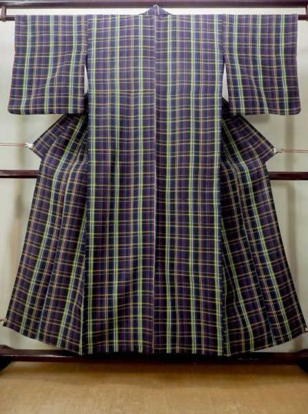 Photo1: M1025A Vintage Japanese women   Navy Blue HITOE unlined / Wool. Plaid Checks   (Grade C) (1)