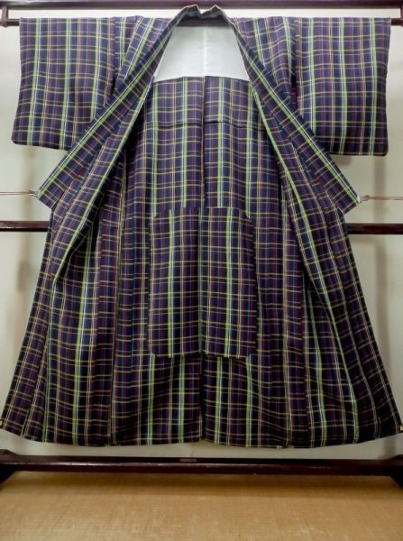 Photo2: M1025A Vintage Japanese women   Navy Blue HITOE unlined / Wool. Plaid Checks   (Grade C) (2)