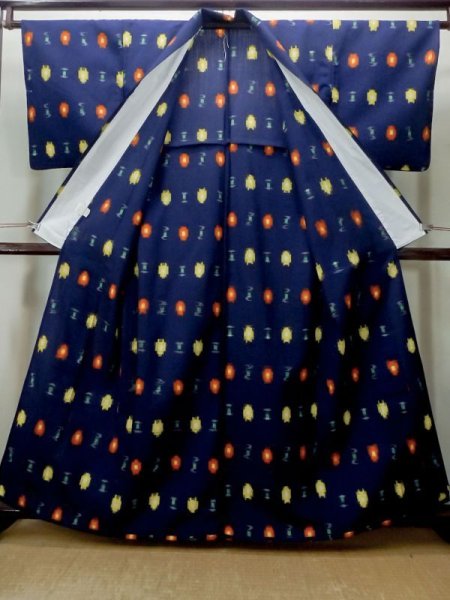 Photo2: M1025H Vintage Japanese women   Navy Blue HITOE unlined / Wool. Abstract pattern   (Grade C) (2)