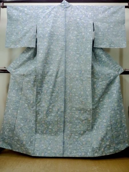 Photo1: M1025N Vintage Japanese women  Light Blue HITOE unlined / Silk. Flower,   (Grade C) (1)