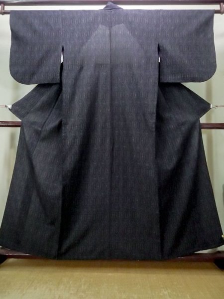 Photo1: M1025O Vintage Japanese women  Dark Navy Blue HITOE unlined / Silk. Geometrical pattern,   (Grade C) (1)