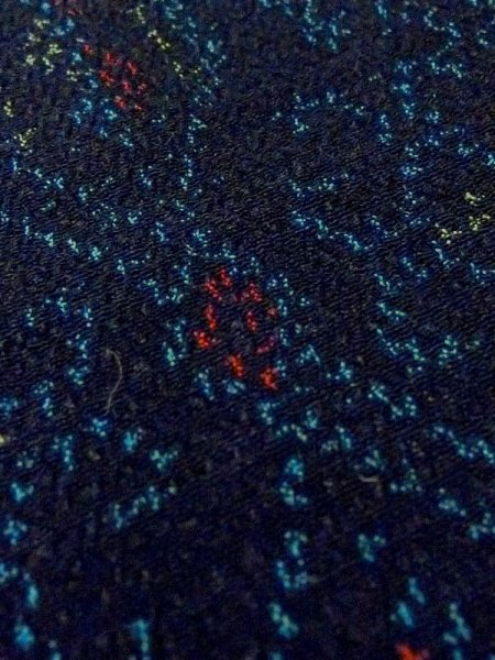 Photo8: M1025O Vintage Japanese women  Dark Navy Blue HITOE unlined / Silk. Geometrical pattern,   (Grade C) (8)