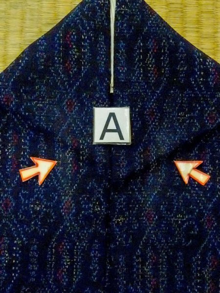 Photo12: M1025O Vintage Japanese women  Dark Navy Blue HITOE unlined / Silk. Geometrical pattern,   (Grade C) (12)