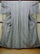 Photo1: M1025Y Vintage Japanese women Pale Grayish Navy Blue HITOE unlined / Silk. Stripes, There is an impression from use.  (Grade C) (1)