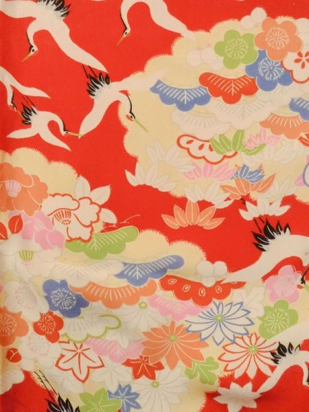 Photo4: M1108A Antique Japanese women   Red Kids / Silk. Peony, Aging deterioration. There is an impression from use.  (Grade D) (4)