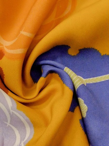 Photo12: M1108C Antique Japanese women   Orange Kids / Silk. Flower, Small holes all over. Aging deterioration. There is an impression from use.  (Grade D) (12)