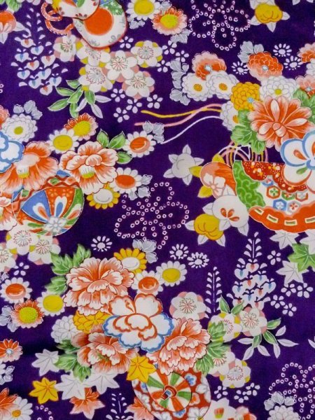 Photo3: M1108F Antique Japanese women  Vivid Purple JUBAN undergarment / Silk. Peony, folding fan pattern  (Grade C) (3)