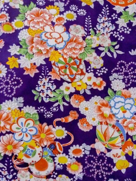 Photo4: M1108F Antique Japanese women  Vivid Purple JUBAN undergarment / Silk. Peony, folding fan pattern  (Grade C) (4)
