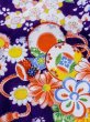 Photo6: M1108F Antique Japanese women  Vivid Purple JUBAN undergarment / Silk. Peony, folding fan pattern  (Grade C) (6)