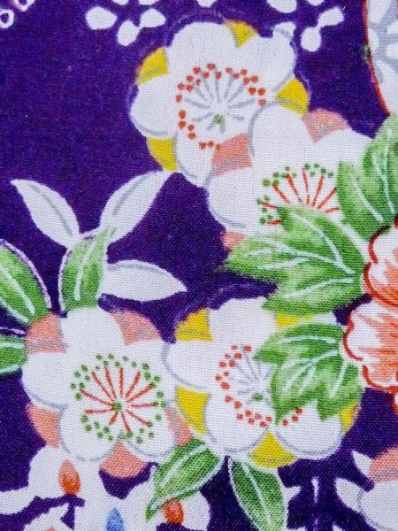 Photo8: M1108F Antique Japanese women  Vivid Purple JUBAN undergarment / Silk. Peony, folding fan pattern  (Grade C) (8)