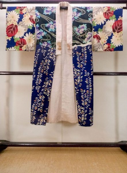 Photo1: M1108G Antique Japanese women  Vivid Blue JUBAN undergarment / Wool. Chrysanthemum,   (Grade D) (1)