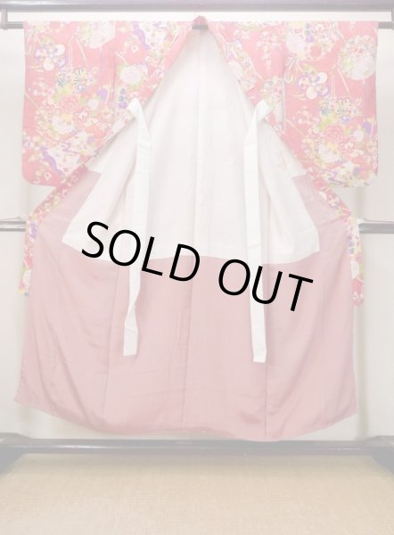 Photo2: M1108H Antique Japanese women  Vivid Pink JUBAN undergarment / Silk. Peony,   (Grade C) (2)