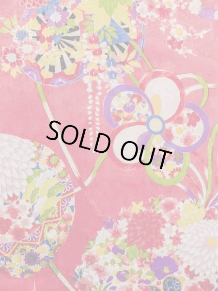 Photo4: M1108H Antique Japanese women  Vivid Pink JUBAN undergarment / Silk. Peony,   (Grade C) (4)