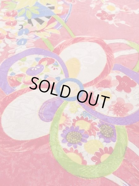 Photo9: M1108H Antique Japanese women  Vivid Pink JUBAN undergarment / Silk. Peony,   (Grade C) (9)