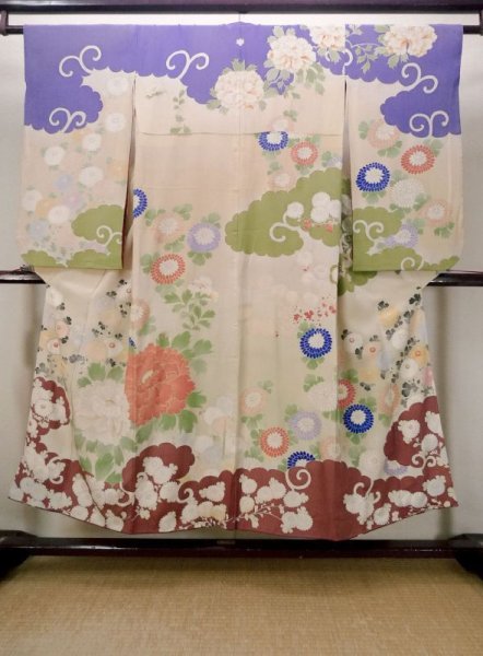 Photo1: M1108I Antique Japanese women Pale Light Teal Homongi / Silk. Peony,   (Grade C) (1)