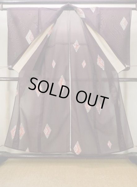 Photo2: M1108L Antique Japanese women   Dark Red HITOE unlined /  SAKURA cherry blossom,   (Grade B) (2)