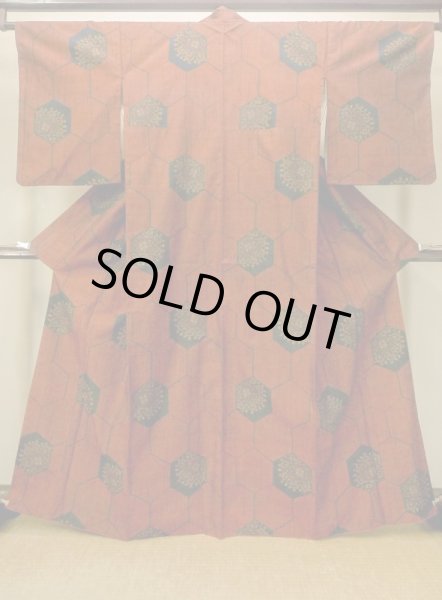 Photo1: Mint M1108P Vintage Japanese women  Dark Vermilion TSUMUGI pongee / Silk. Flower,   (Grade A) (1)
