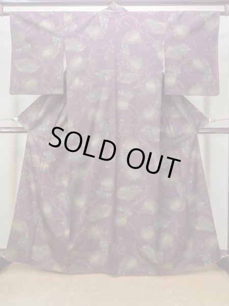 Photo1: Mint M1108Q Vintage Japanese women   Purple TSUMUGI pongee / Silk. Leaf,   (Grade A) (1)