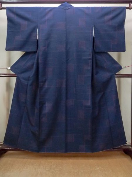 Photo1: M1108S Vintage Japanese women   Indigo Blue TSUMUGI pongee / Silk. Quadrangle,   (Grade B) (1)