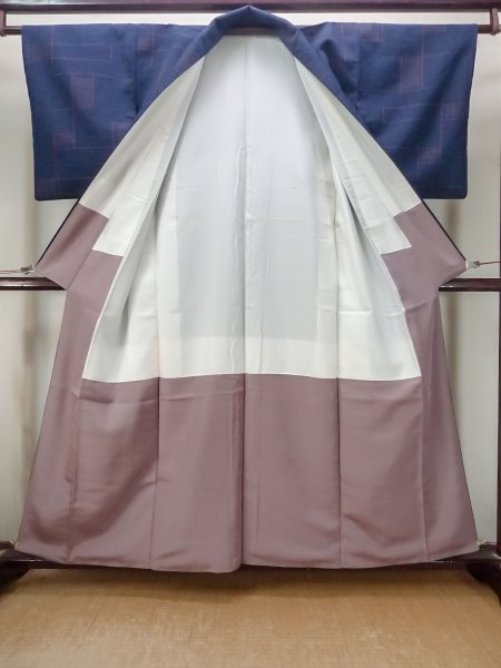 Photo2: M1108S Vintage Japanese women   Indigo Blue TSUMUGI pongee / Silk. Quadrangle,   (Grade B) (2)