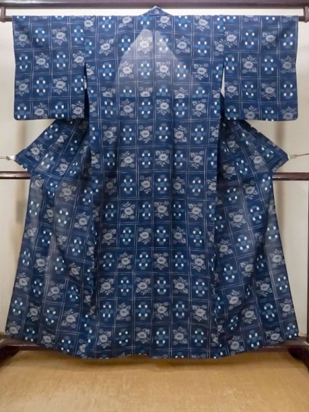 Photo1: M1108Y Vintage Japanese women   Navy Blue Summer / Wool. Flower,   (Grade C) (1)