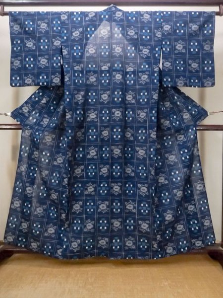Photo1: M1108Y Vintage Japanese women   Navy Blue Summer / Wool. Flower,   (Grade C) (1)