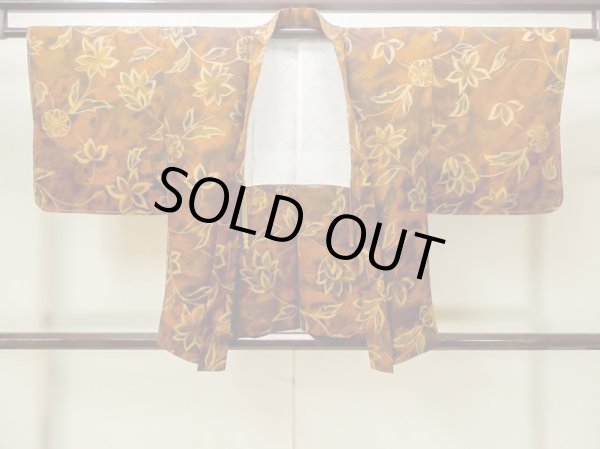 Photo1: M1121C Vintage Japanese women Dark Vivid Orange HAORI short jacket / Silk. Flower,   (Grade A+) (1)