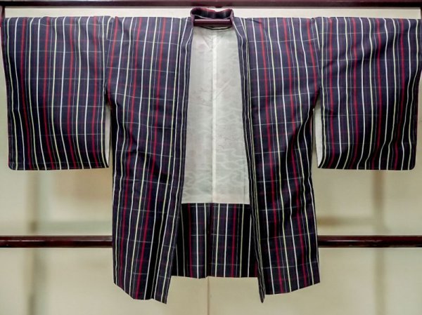 Photo1: Mint M1121J Vintage Japanese women   Indigo Blue HAORI short jacket / Silk. Plaid Checks   (Grade A) (1)