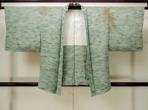 Photo1: M1121K Vintage Japanese women  Pale Green HAORI short jacket / Silk. Grass,   (Grade C) (1)