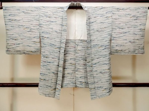 Photo1: M1121L Vintage Japanese women   Beige HAORI short jacket / Silk. Abstract pattern   (Grade B) (1)