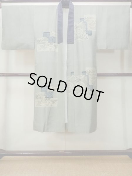 Photo1: M1128D Vintage Japanese  Grayish Green Men's Juban / Silk. Flower, There is an impression from use.  (Grade C) (1)