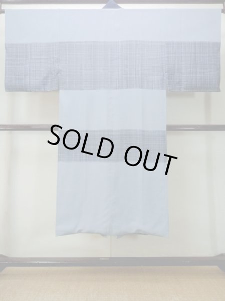 Photo2: M1128E Vintage Japanese  Grayish Light Blue Men's Juban / Silk. Plaid Checks   (Grade B) (2)