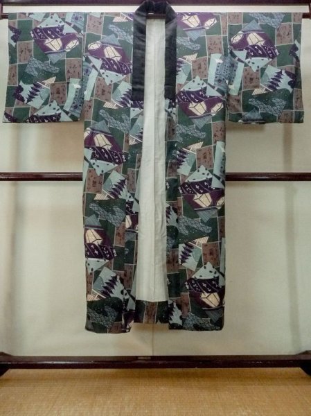 Photo1: M1128F Vintage Japanese   Green Men's Juban / Silk. Temple,   (Grade C) (1)