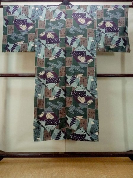 Photo2: M1128F Vintage Japanese   Green Men's Juban / Silk. Temple,   (Grade C) (2)