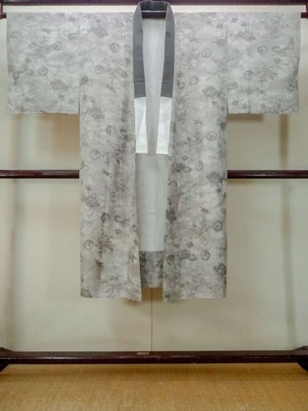 Photo1: M1128H Vintage Japanese   Gray JUBAN undergarment / Silk. UME plum bloom,   (Grade B) (1)