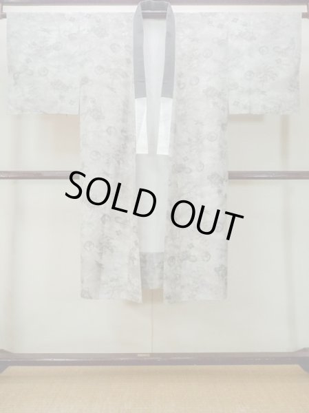 Photo1: M1128H Vintage Japanese   Gray Men's Juban / Silk. UME plum bloom,   (Grade B) (1)