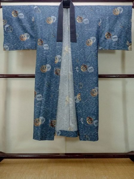 Photo1: M1128J Vintage Japanese   Blue Men's Juban / Wool. Bird, Sword guard pattern  (Grade D) (1)