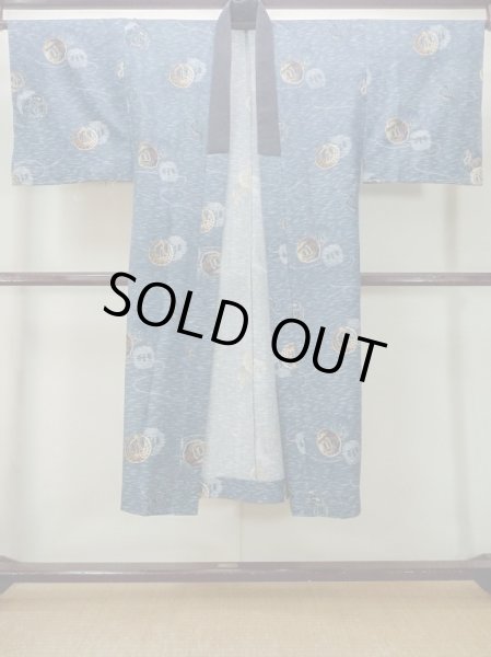 Photo1: M1128J Vintage Japanese   Blue Men's Juban / Wool. Bird, Sword guard pattern  (Grade D) (1)