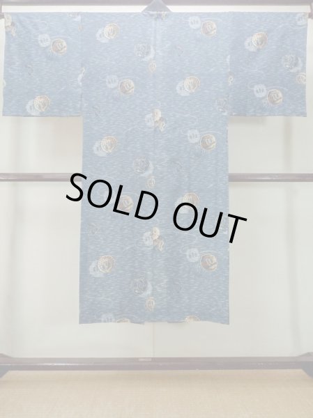 Photo2: M1128J Vintage Japanese   Blue Men's Juban / Wool. Bird, Sword guard pattern  (Grade D) (2)