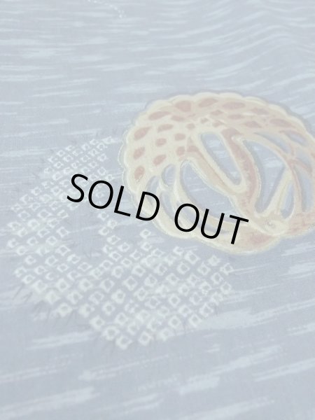 Photo10: M1128J Vintage Japanese   Blue Men's Juban / Wool. Bird, Sword guard pattern  (Grade D) (10)