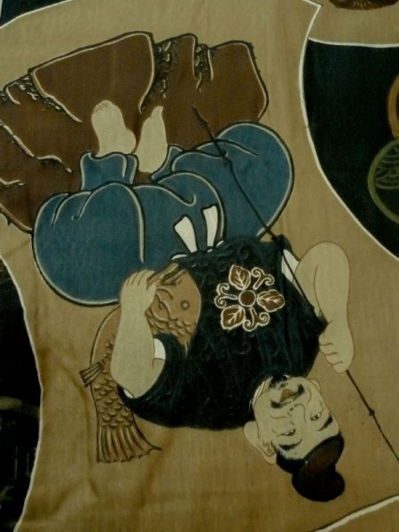 Photo5: M1128K Vintage Japanese   Black Men's Juban / Synthetic. Rock Seven Gods of Fortune design, old coins pattern.  (Grade D) (5)