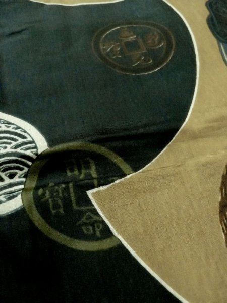 Photo9: M1128K Vintage Japanese   Black Men's Juban / Synthetic. Rock Seven Gods of Fortune design, old coins pattern.  (Grade D) (9)