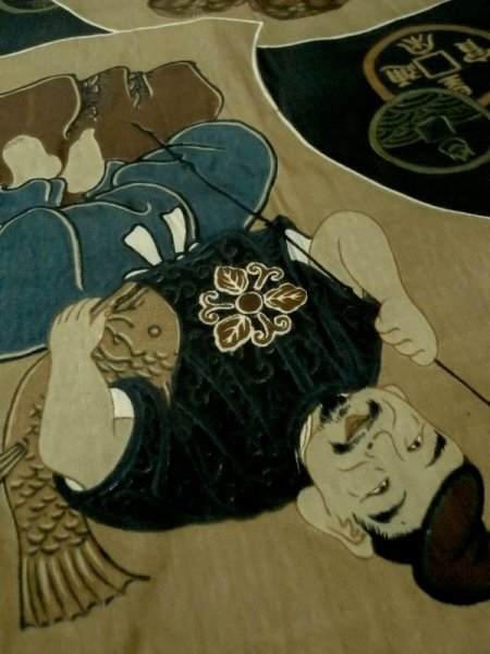 Photo10: M1128K Vintage Japanese   Black Men's Juban / Synthetic. Rock Seven Gods of Fortune design, old coins pattern.  (Grade D) (10)