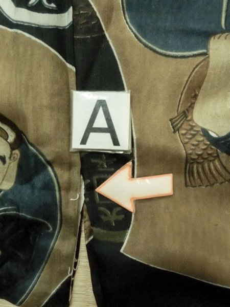 Photo14: M1128K Vintage Japanese   Black Men's Juban / Synthetic. Rock Seven Gods of Fortune design, old coins pattern.  (Grade D) (14)