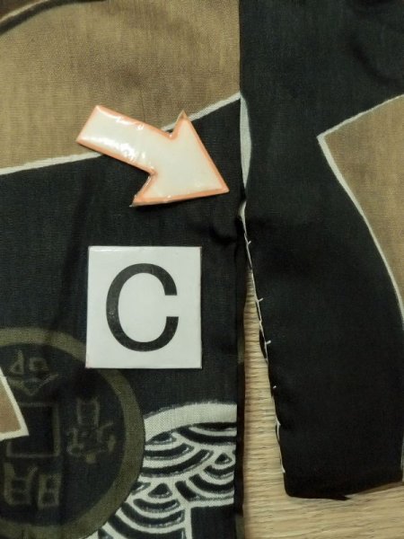 Photo16: M1128K Vintage Japanese   Black Men's Juban / Synthetic. Rock Seven Gods of Fortune design, old coins pattern.  (Grade D) (16)